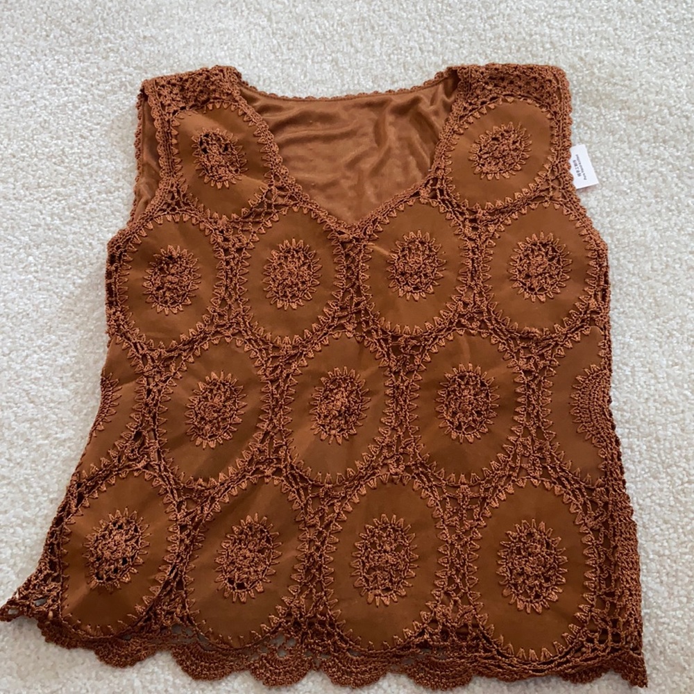Unique brown hand knitted crochet vest